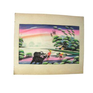 Asian Landscape Painted Drawing Fabric Art Mat 9.25 x 14.5 Inch Rice Fields